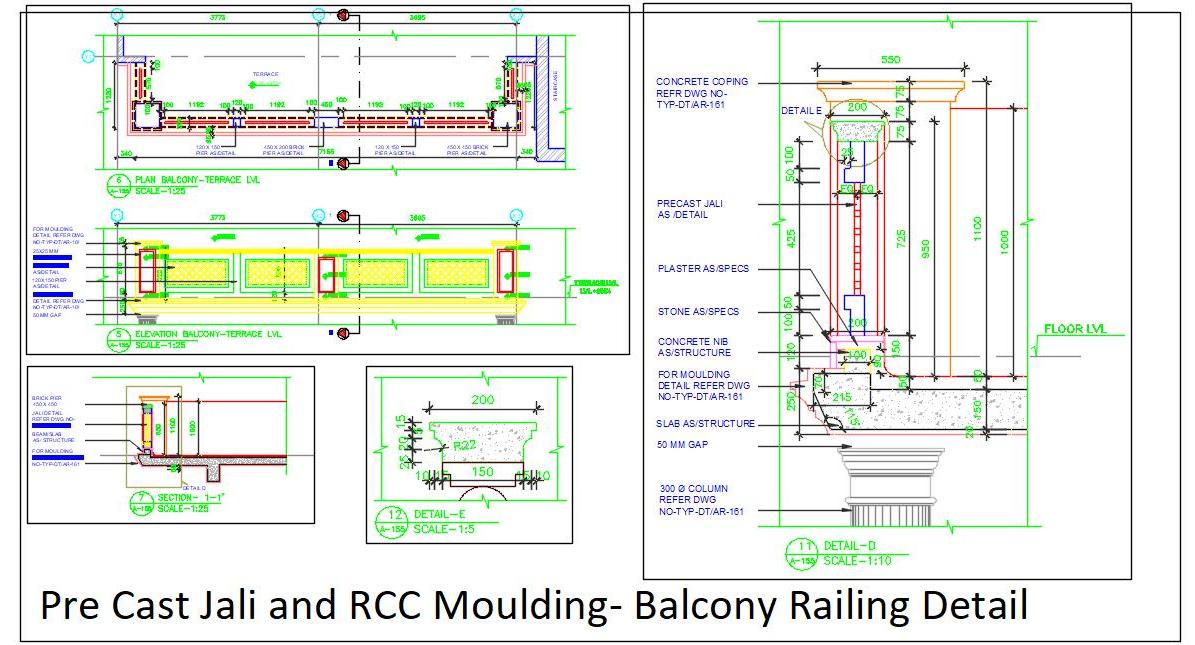 Balcony Railing Detail DWG- Precast RCC Jaali & Concrete Coping